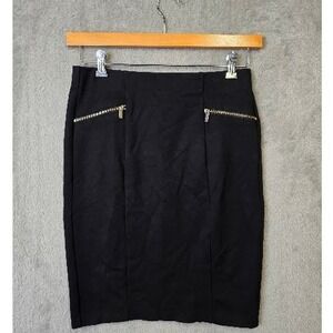 Carmen Marc Valvo Black Pencil Skirt Gold Zipper Detail Career Women's